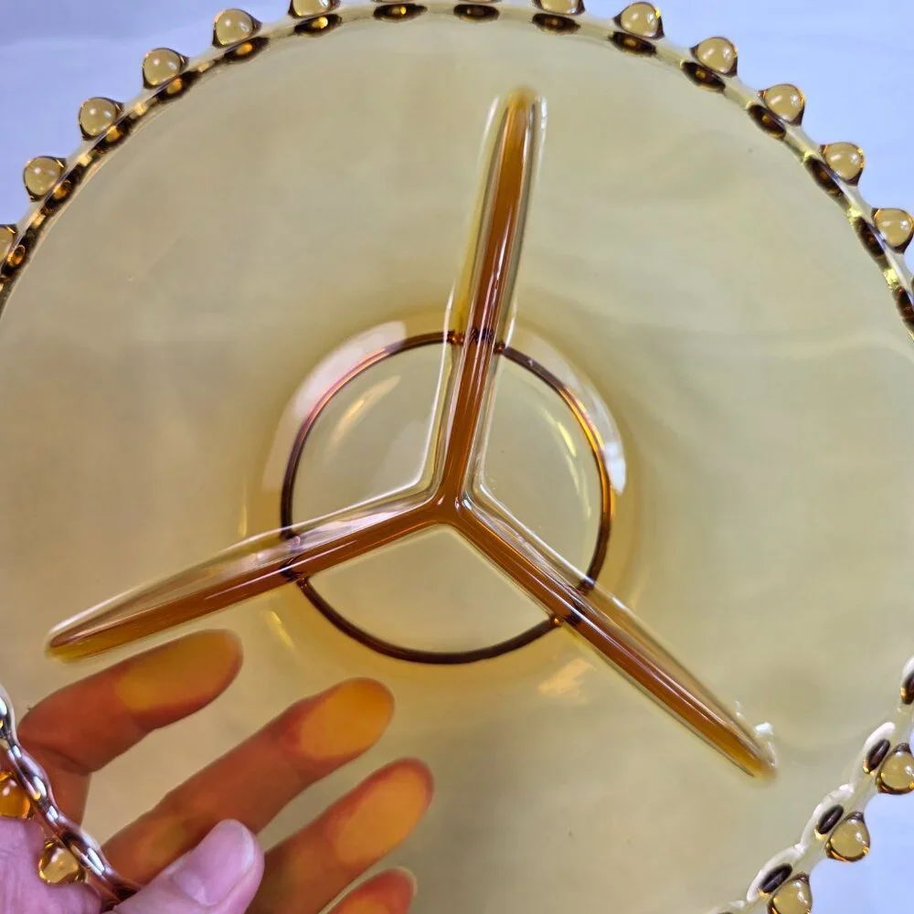 Vintage Amber Three Part Divided Relish Dish Platter Candlewick Style Edge